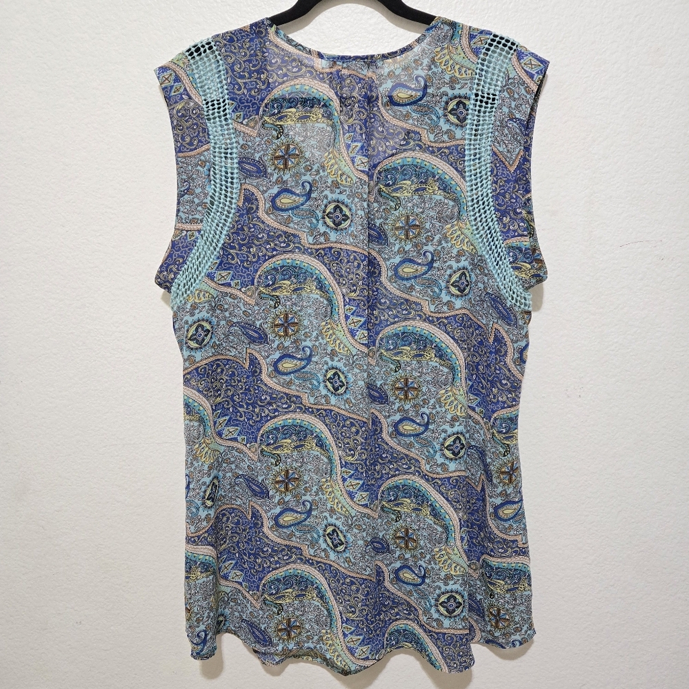 DANIEL RAINN Blue Boho Style Short Cap Sleeve Sheer Blouse Crochet Lace Size 1X - Picture 2 of 10